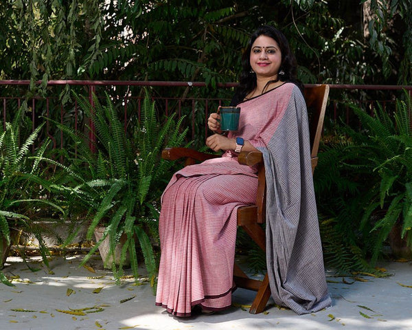 Handloom Saree - Pink and Grey checks