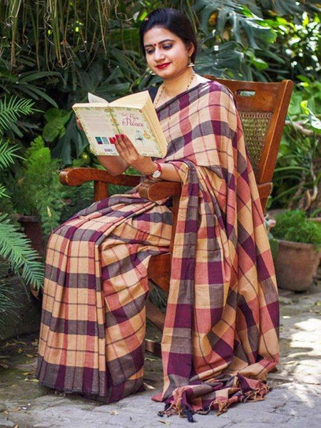 Handloom Saree - Yellow and Maroon checks