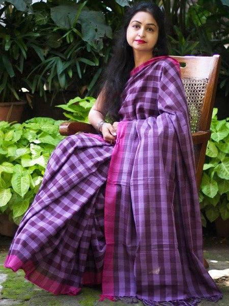 Handloom Saree - Purple checks