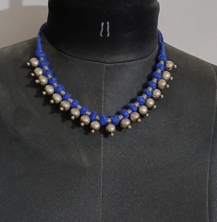 Blue Metal and thread  Beads Choker