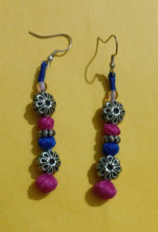 Metal and Bead Earring - Blue and Pink