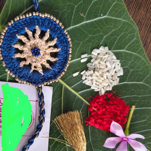Crochet Blue with golden beads  rakhi