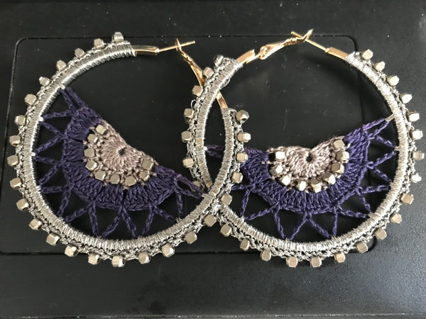 Crochet Thread Hoops-Silver and Blue