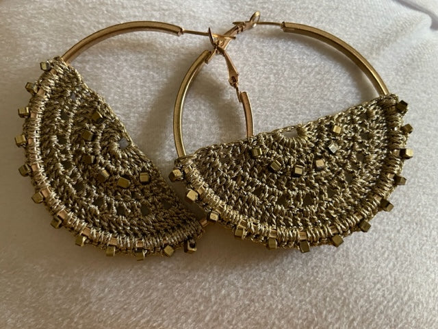 Gold zari with Gold Beads Crochet Hoops